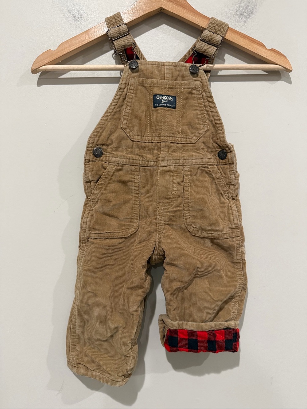 OSHKOSH B'GOSH Tan Corduroy Overalls Buffalo Plaid Lined Size 12 Months